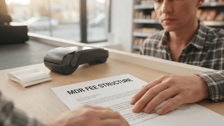 A printed document titled 'MDR FEE STRUCTURE' sits on a wooden checkout counter next to an unbranded payment terminal.