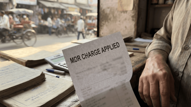 A close-up of a handwritten receipt on a wooden shop counter with the text MDR CHARGE APPLIED visible.
