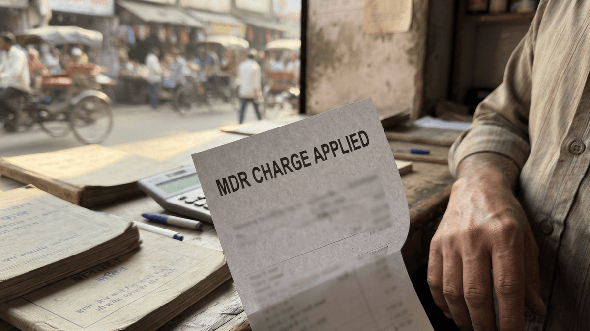 A close-up of a handwritten receipt on a wooden shop counter with the text MDR CHARGE APPLIED visible.