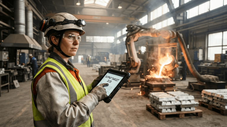 A worker holds a tablet with a 'OUTPUT TARGET 2035' headline inside a modern metal foundry with robotic arms.