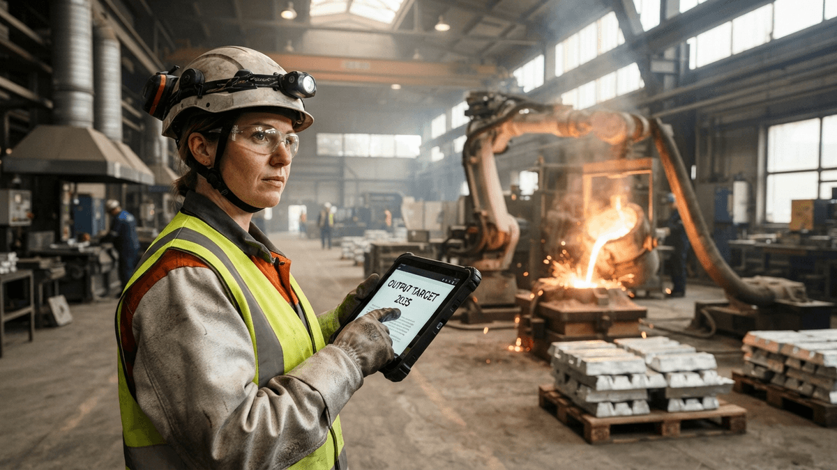 A worker holds a tablet with a 'OUTPUT TARGET 2035' headline inside a modern metal foundry with robotic arms.