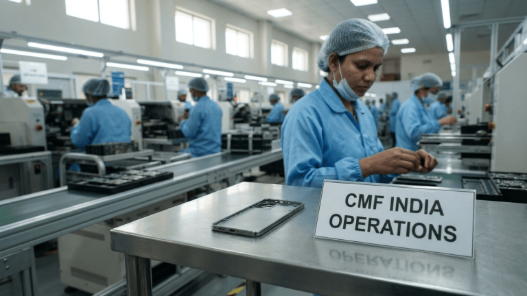 A smartphone chassis on an assembly line in an Indian factory with a label reading CMF INDIA OPERATIONS.