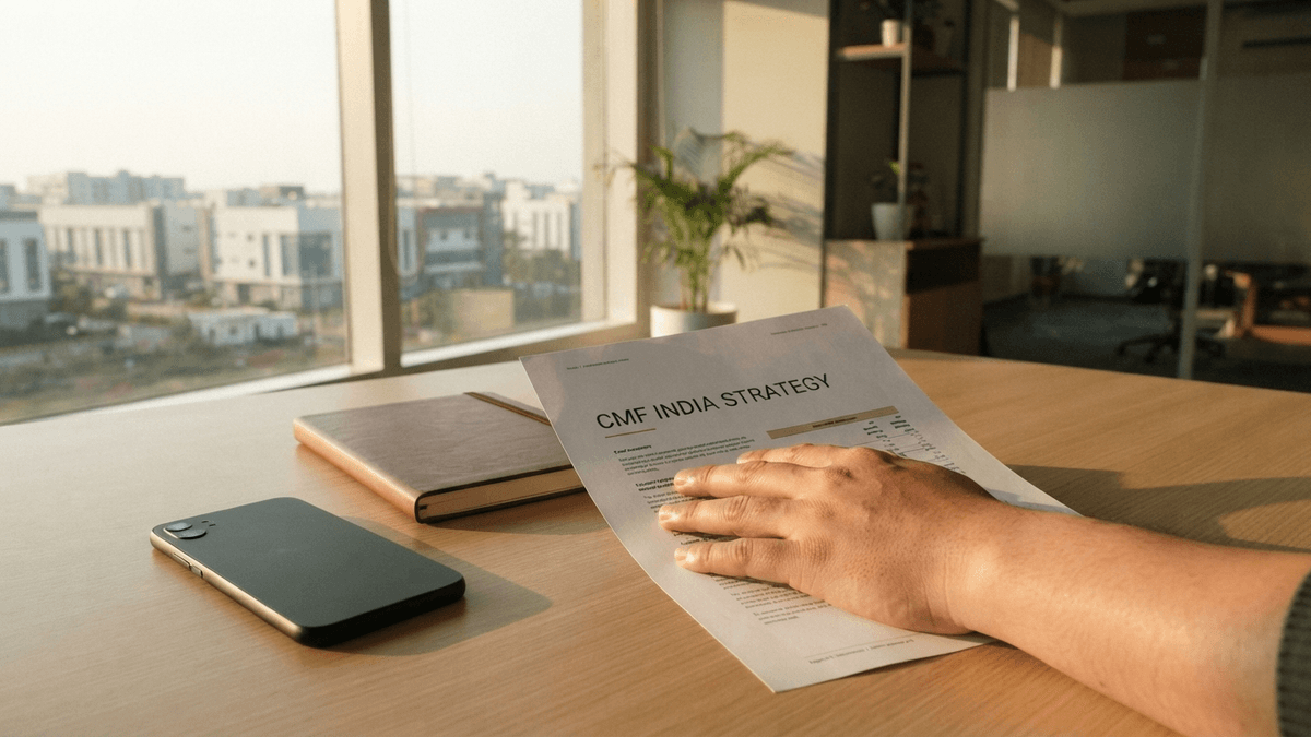 A document titled CMF INDIA STRATEGY sits on a desk next to an unbranded smartphone prototype in a sunny office.