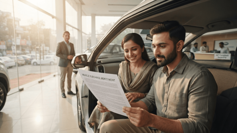 A young couple sits in a new SUV at a dealership, holding a purchase agreement while a sales representative stands nearby.