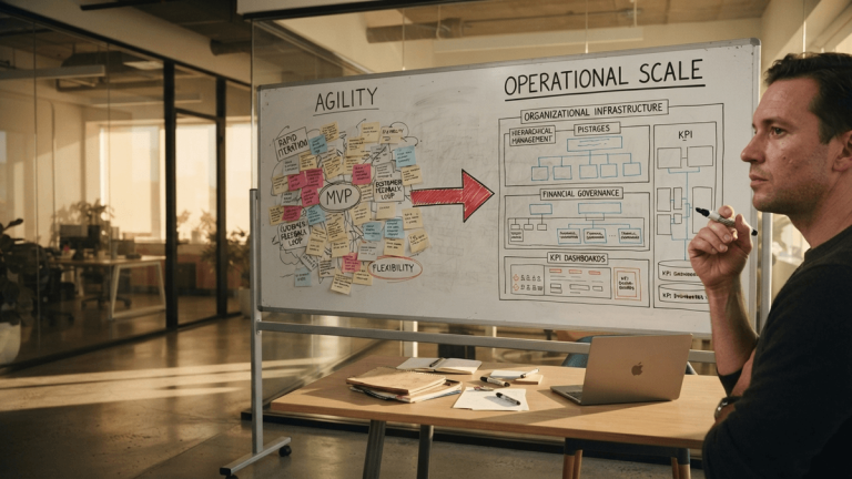 A whiteboard in a sunlit office shows a diagram transitioning from chaotic notes to a structured operational flow chart.