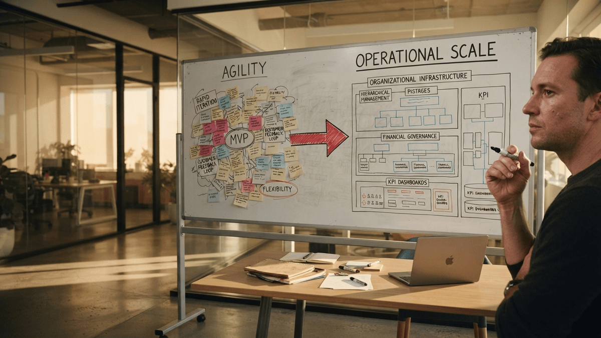 A whiteboard in a sunlit office shows a diagram transitioning from chaotic notes to a structured operational flow chart.