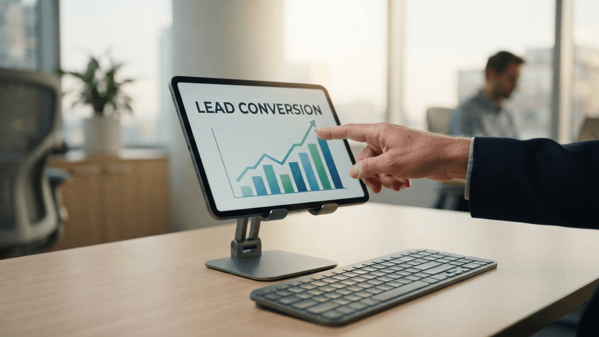 A hand points to a digital lead conversion chart on a tablet screen in an office.
