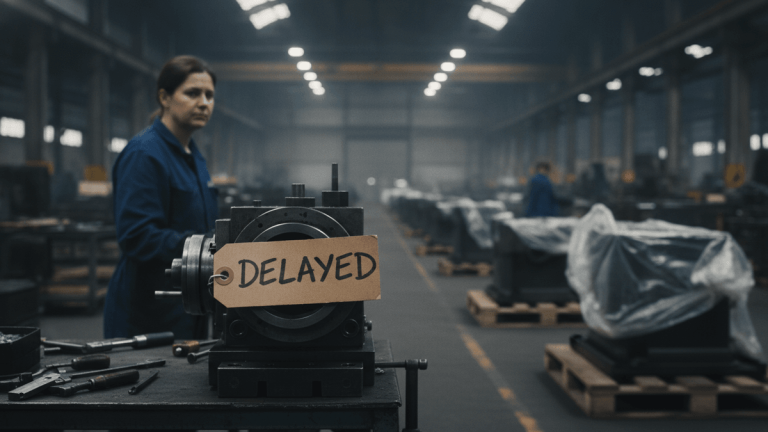 A large metal machine part sits on a workbench in a quiet factory with a tag marked 'DELAYED' attached to it.