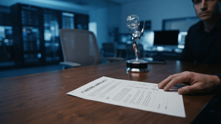A glass Emmy award and a funding agreement document sit on a modern office desk in cool blue ambient light.