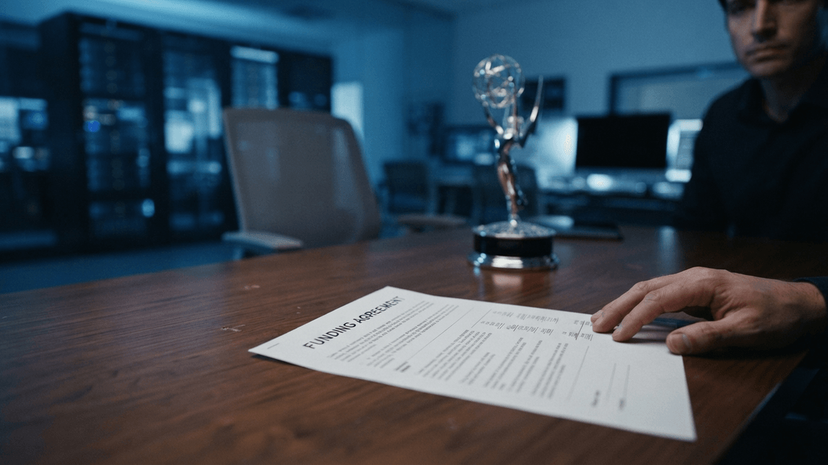 A glass Emmy award and a funding agreement document sit on a modern office desk in cool blue ambient light.