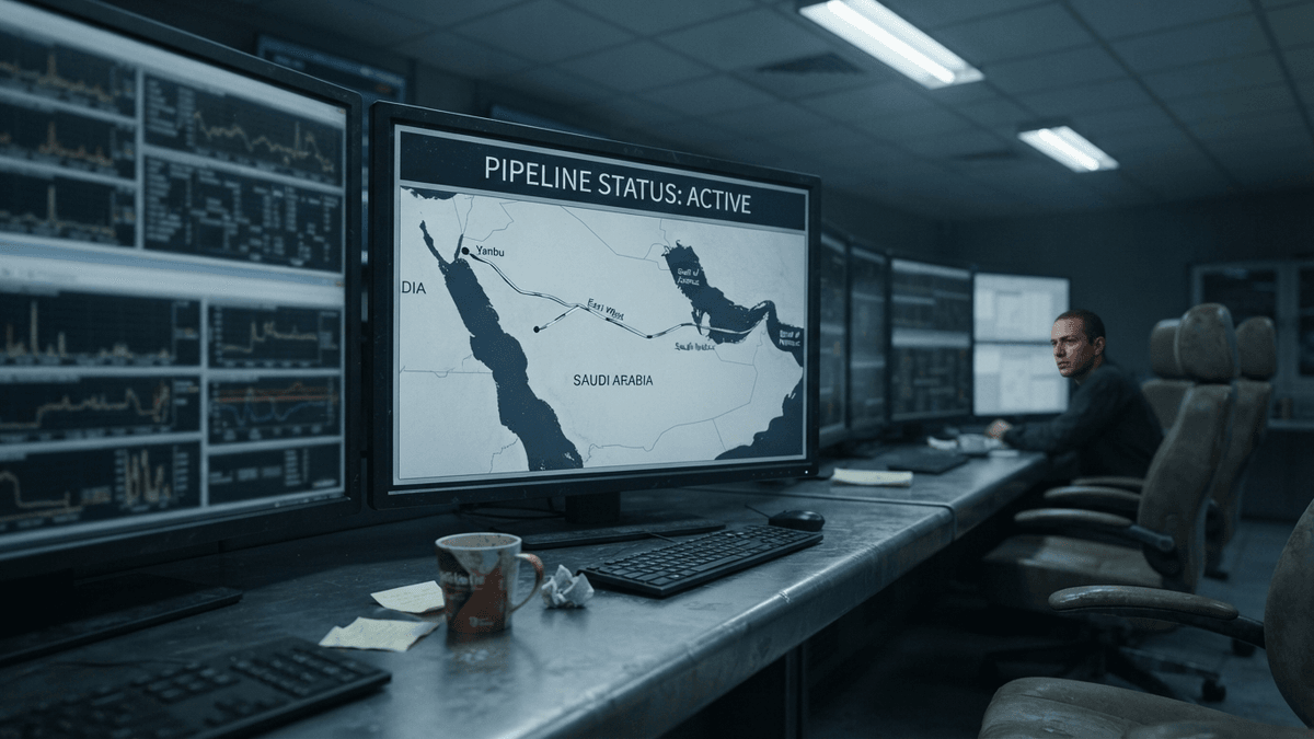 A digital schematic map of an oil pipeline on a control room monitor, with a status label reading "PIPELINE STATUS: ACTIVE".