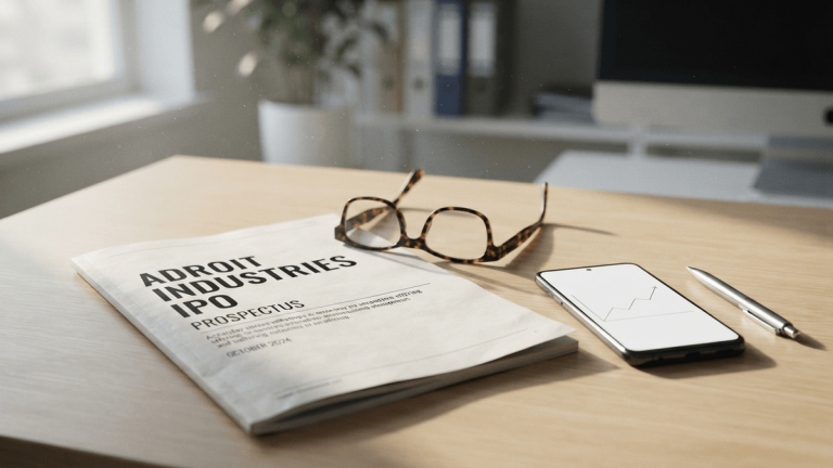 A close-up of a printed IPO prospectus for Adroit Industries resting on a desk with glasses and a smartphone.
