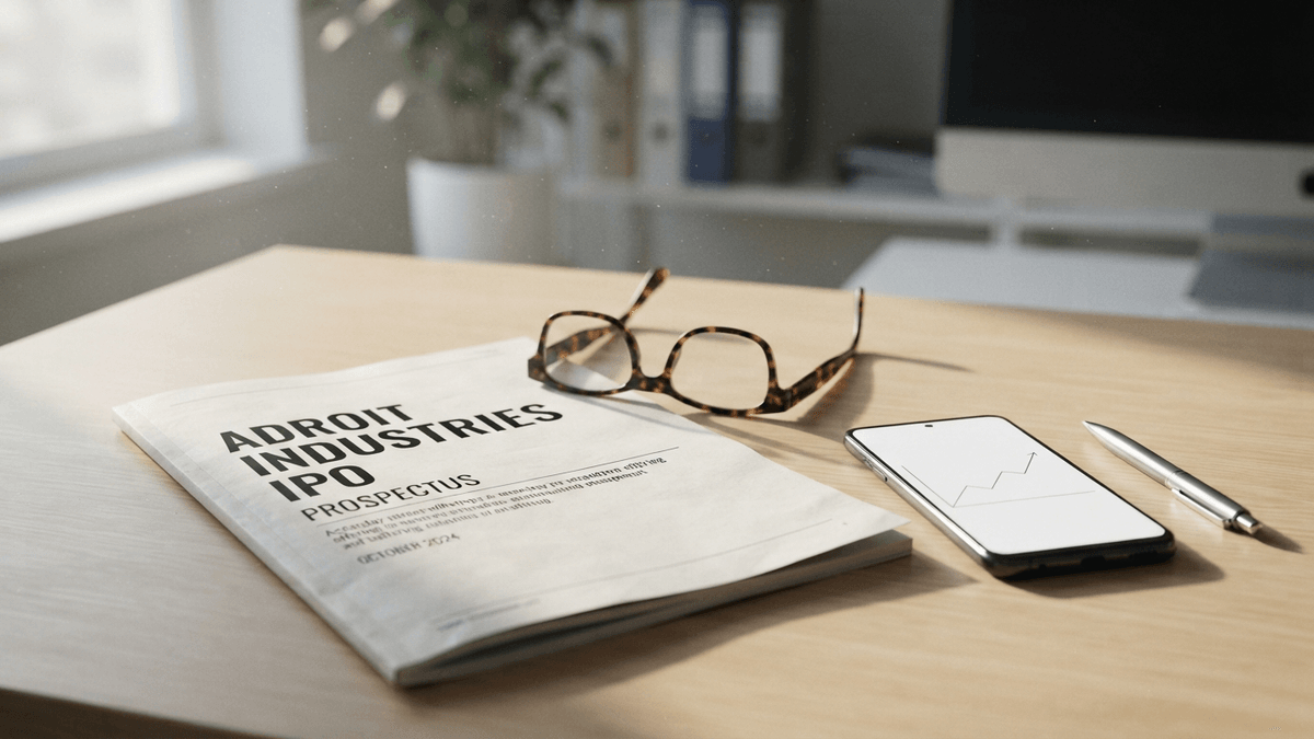 A close-up of a printed IPO prospectus for Adroit Industries resting on a desk with glasses and a smartphone.