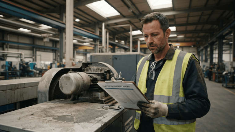 A worker in a factory holds a clipboard titled 'ATLAS COPCO EQUIPMENT REPORT' near a large air compressor.