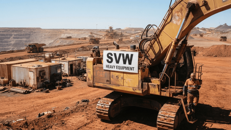 A large yellow excavator parked on red dirt at a mining site, with a sign reading 'SVW HEAVY EQUIPMENT' on its side.