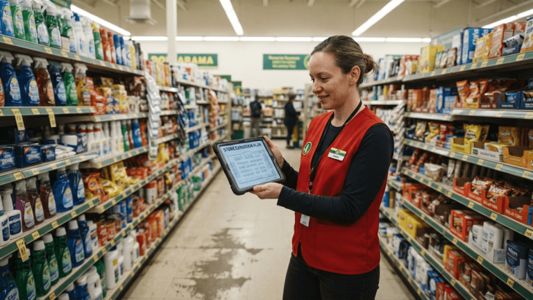 A retail employee holds a tablet showing a floor plan in a store aisle with shelves of goods.