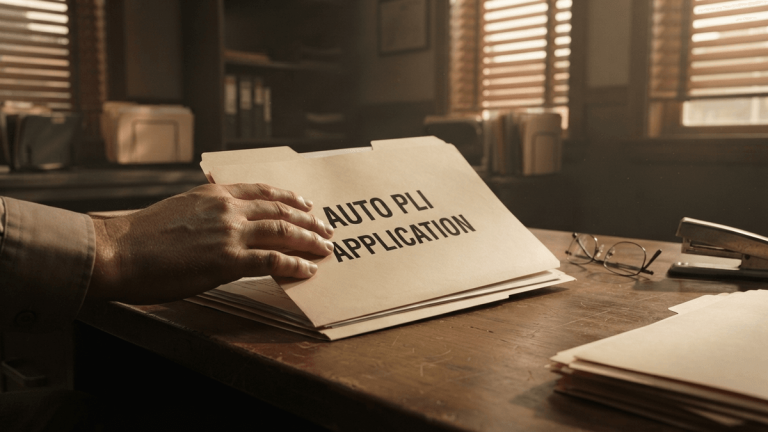 A close-up of a manila file labeled 'AUTO PLI APPLICATION' on a wooden desk with reading glasses.
