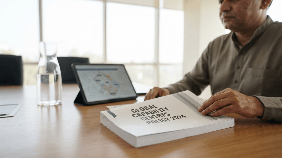 A printed policy document titled GLOBAL CAPABILITY CENTRES POLICY 2024 sits on a conference table in a modern office.
