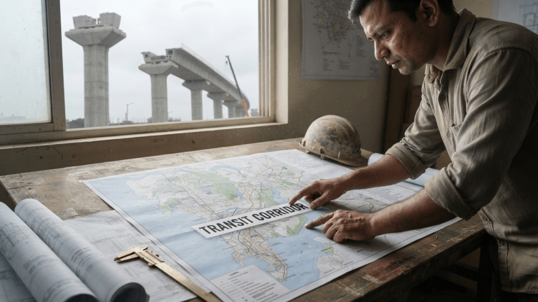 An urban planning map with a transit corridor label sits on a desk overlooking a Mumbai infrastructure project site.
