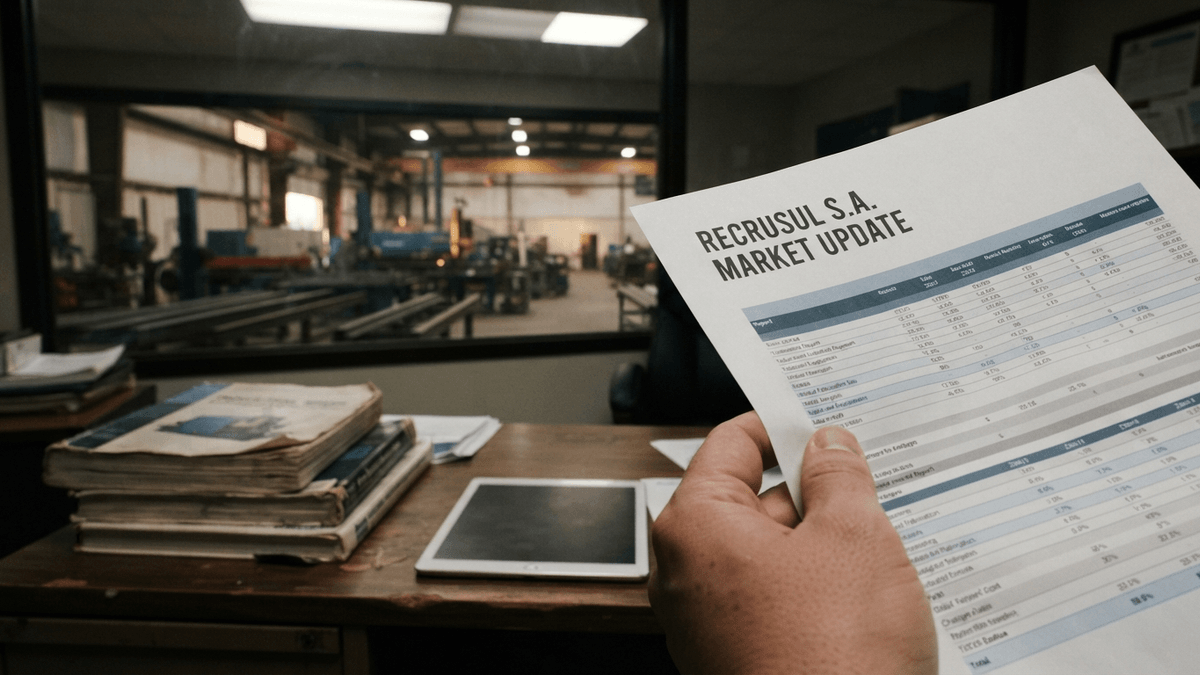 A close-up of a printed report titled RECRUSUL S.A. MARKET UPDATE held in a hand, with a factory floor in the background.
