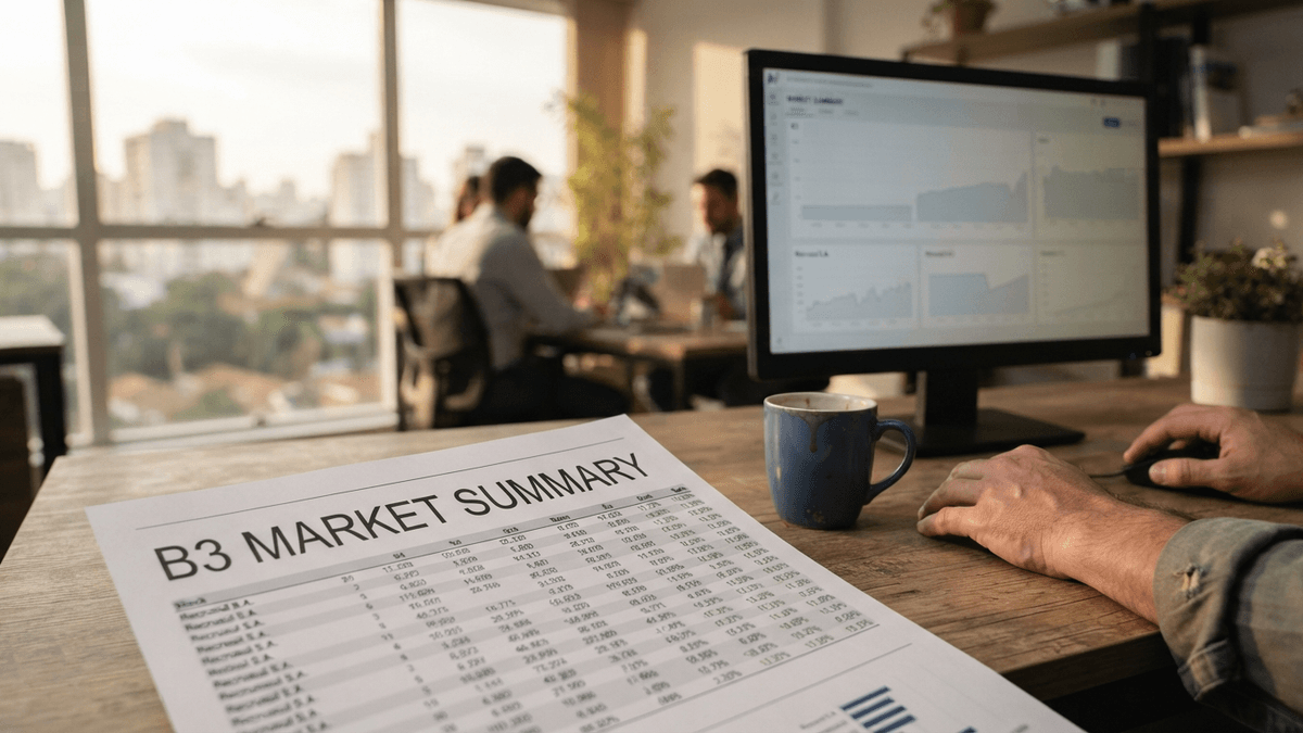 A printed B3 market report on a desk next to a monitor, with the report title clearly visible and data columns angled away.