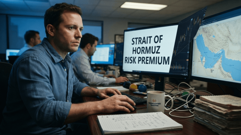 A trading desk monitor displays a headline about the Strait of Hormuz risk premium in a dimly lit office.