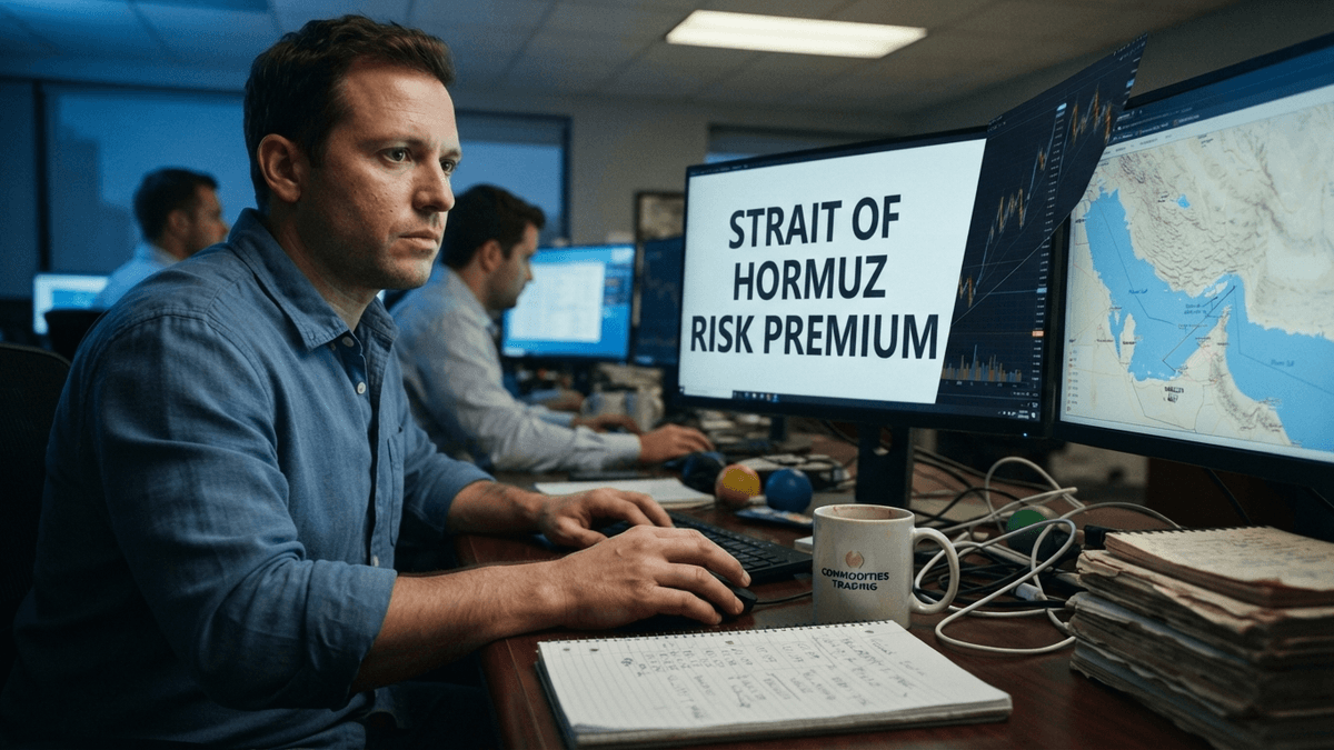 A trading desk monitor displays a headline about the Strait of Hormuz risk premium in a dimly lit office.