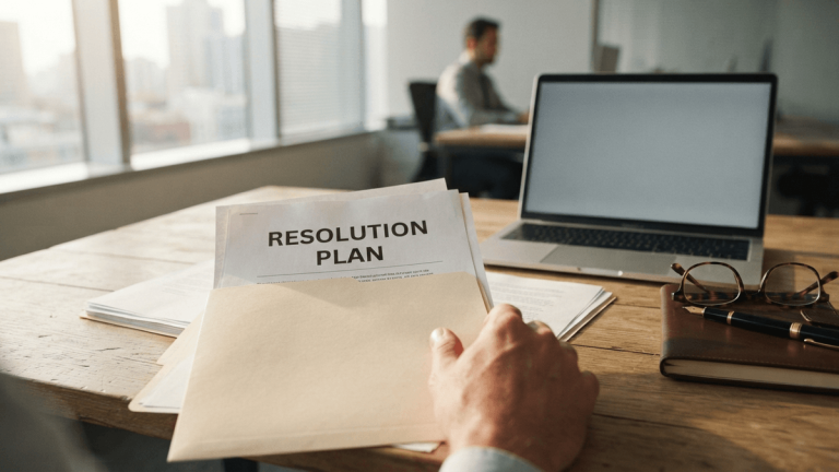 A legal document titled 'RESOLUTION PLAN' sits on a desk next to a laptop, marking a corporate rebranding.