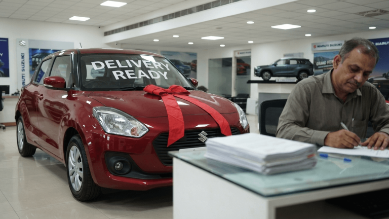 A new hatchback with a red ribbon on the hood sits on a dealership floor with a sign reading 'DELIVERY READY'.