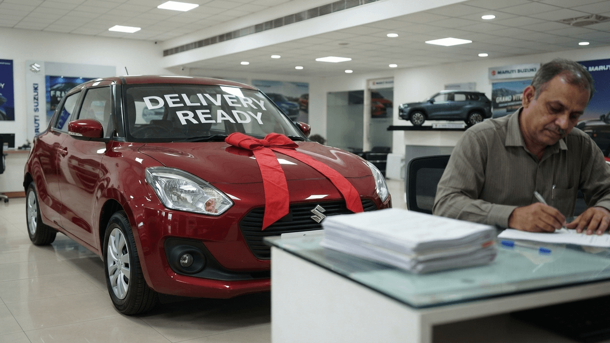 A new hatchback with a red ribbon on the hood sits on a dealership floor with a sign reading 'DELIVERY READY'.