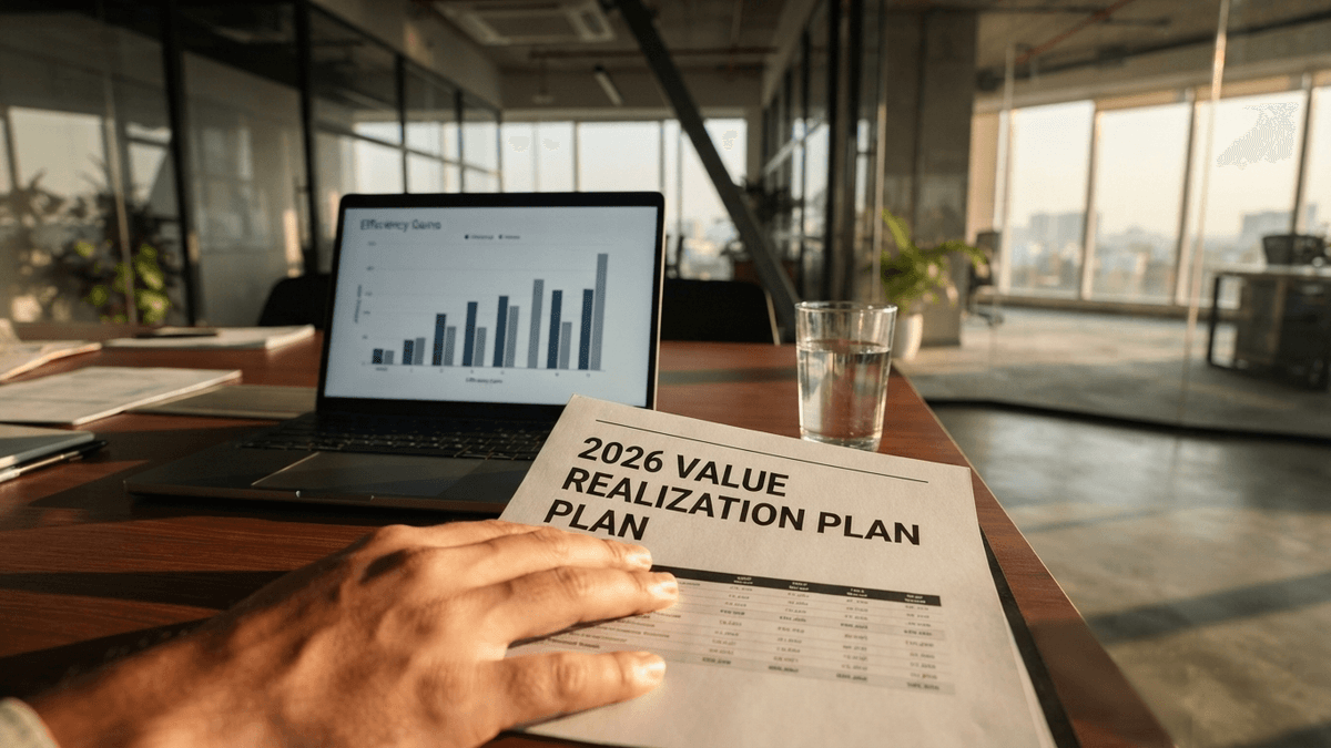 A close-up of a printed report titled '2026 VALUE REALIZATION PLAN' on a table, with a laptop and office background.