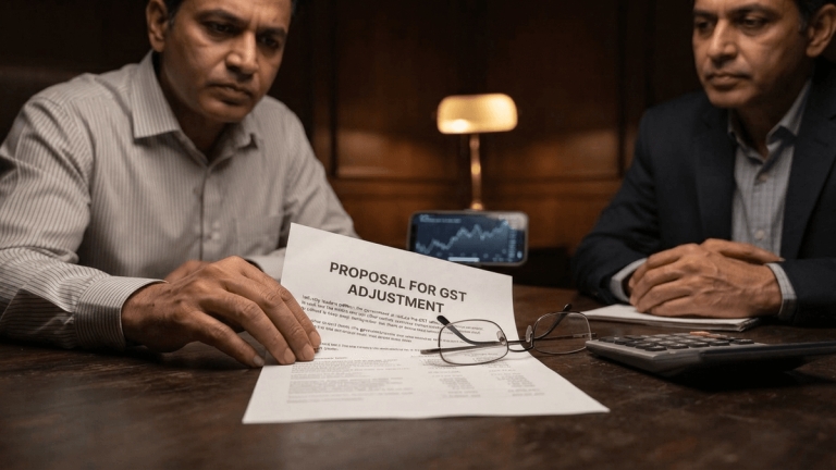 A formal petition document titled 'PROPOSAL FOR GST ADJUSTMENT' sits on a dark desk with reading glasses and a calculator.