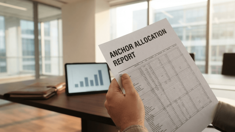 A close-up of a hand holding an anchor allocation report in a modern office, with the data columns angled away.