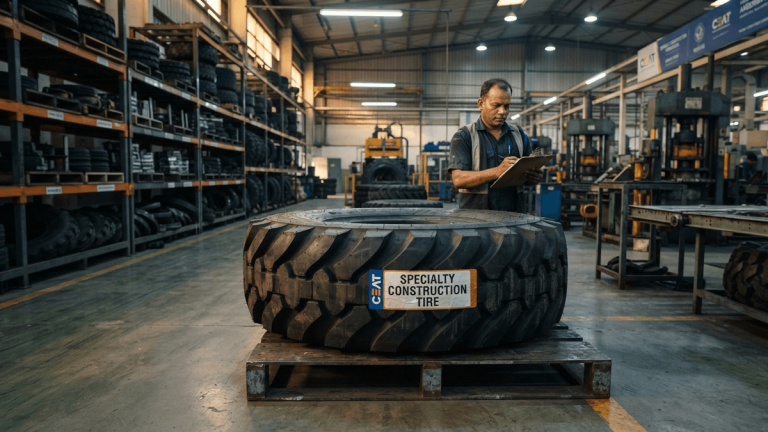 A close-up of a large industrial tire in a manufacturing plant with a label reading 'SPECIALTY CONSTRUCTION TIRE'.