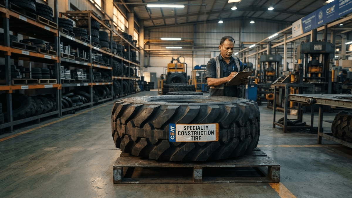 A close-up of a large industrial tire in a manufacturing plant with a label reading 'SPECIALTY CONSTRUCTION TIRE'.