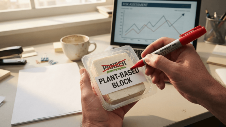 A hand uses a red marker to cross out the word 'PANEER' on a food package, replacing it with 'PLANT-BASED BLOCK'.