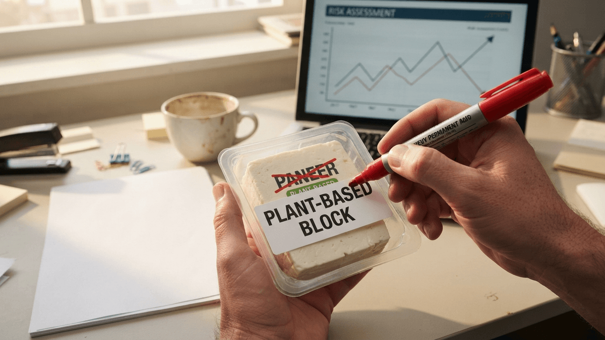 A hand uses a red marker to cross out the word 'PANEER' on a food package, replacing it with 'PLANT-BASED BLOCK'.