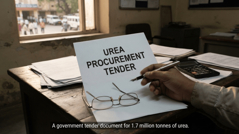 A close-up of a government procurement document titled 'UREA PROCUREMENT TENDER' on a desk with a pen and glasses.
