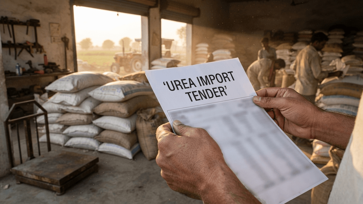 A person holds a document titled 'UREA IMPORT TENDER' in a rural agricultural supply depot.