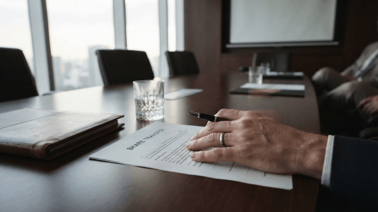 A legal document titled 'SHARE TRANSFER' lies on a mahogany table, with a hand obscuring the specific transaction details.