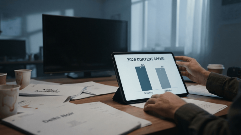 A tablet on a desk displays a 2025 content investment chart, with an inactive television in the background.