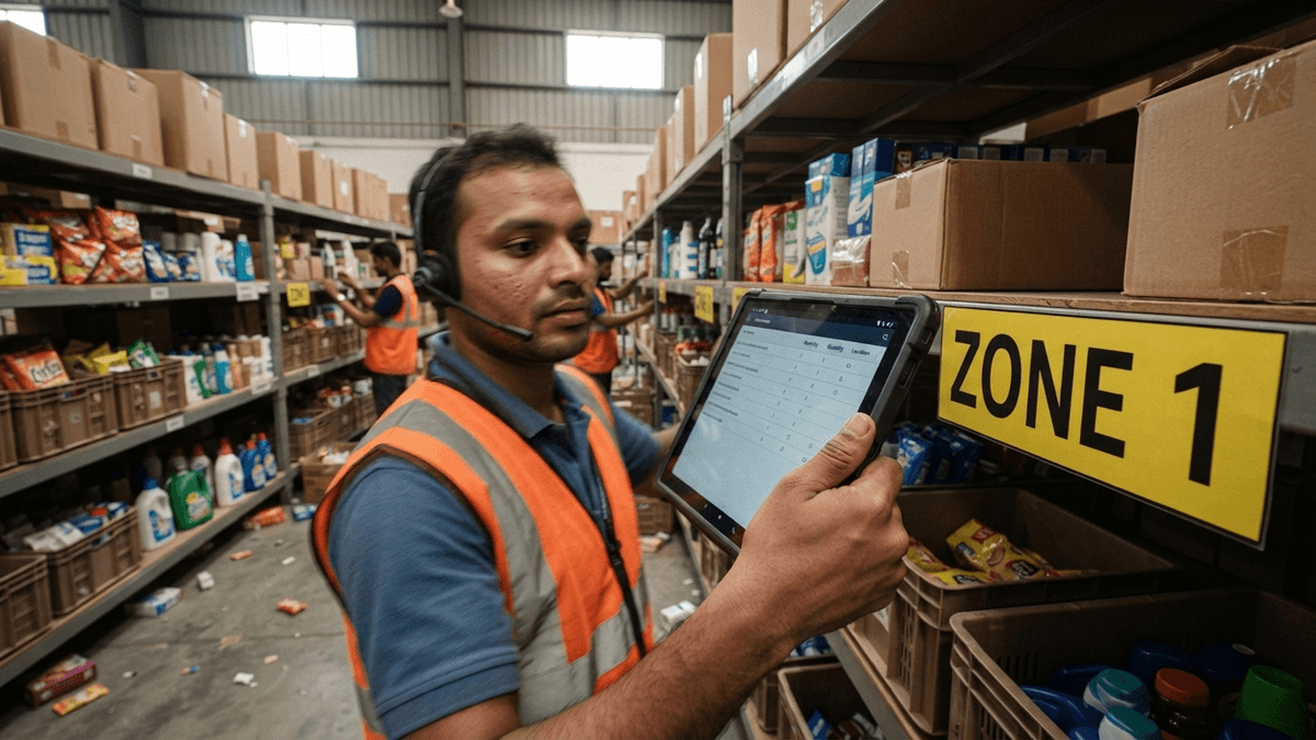 A worker in a high-visibility vest stands in a warehouse aisle next to shelves of goods, holding an inventory tablet.