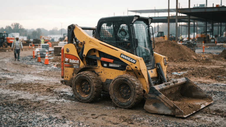 A yellow Bobcat skid-steer loader parked on a dirt construction site under overcast skies.