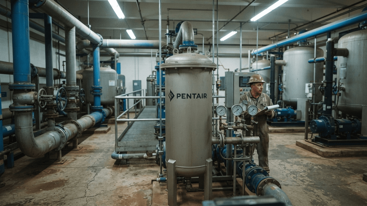 A large, industrial water filtration housing unit with the Pentair brand name on the side in a concrete facility.