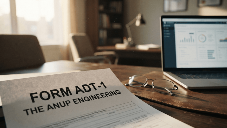 A close-up of a printed regulatory form titled FORM ADT-1 for The Anup Engineering resting on a wooden desk.