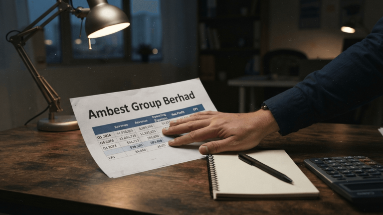 A close-up view of a financial report for Ambest Group Berhad, with a hand obscuring the data table.