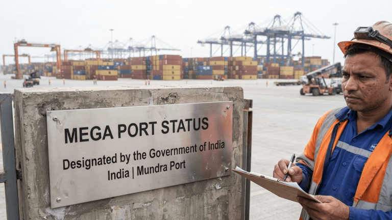 A metal plaque reading 'MEGA PORT STATUS' mounted on a concrete wall at a busy shipping terminal.