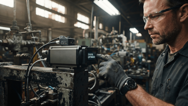 A close-up view of a technician's hand adjusting a smart pneumatic actuator installed on an older factory machine.