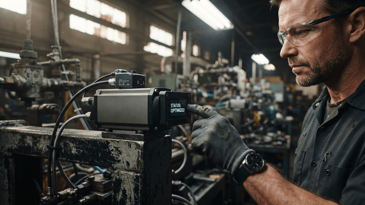 A close-up view of a technician's hand adjusting a smart pneumatic actuator installed on an older factory machine.