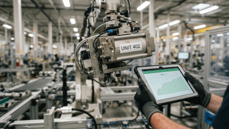 A close-up of a metallic pneumatic actuator with a label reading 'UNIT 402' attached to a factory robotic arm.